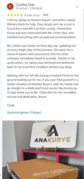 Cynthia Diaz Google review after recovering her lost laptop from Istanbul Airport with Ana Kurye