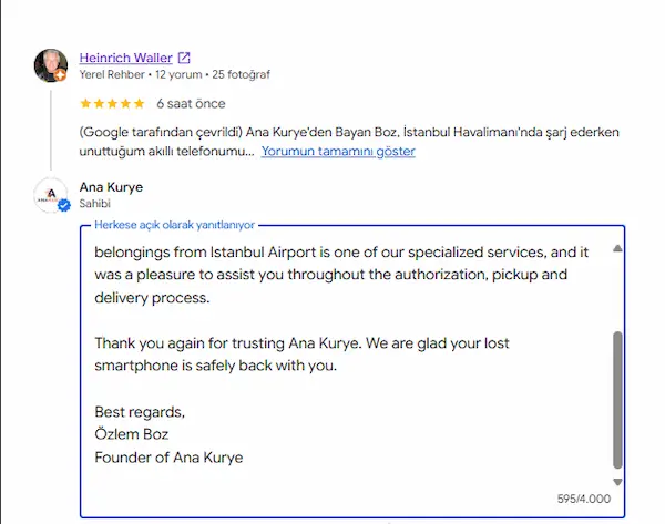 Heinrich Waller Google review screenshot for Ana Kurye Istanbul Airport lost phone recovery
