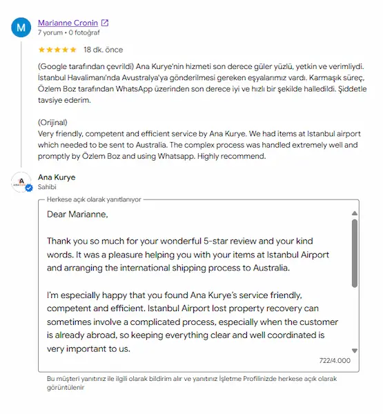 Marianne Cronin Google review screenshot for Ana Kurye Istanbul Airport lost property service