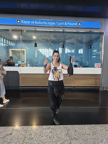 Ana Kurye collecting Marianne Cronin lost property at Istanbul Airport before shipping to Australia