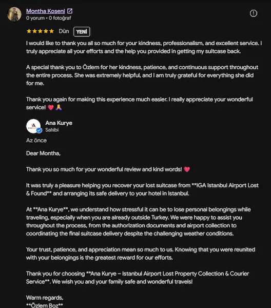Montha Koseni public Google review thanking Ana Kurye and Özlem for returning her suitcase