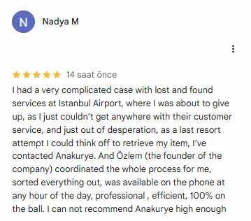 Nadya Google review screenshot for Istanbul Airport lost phone recovery