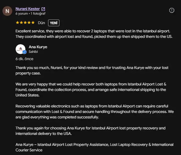 Nurani Kester's public Google review about the two recovered laptops