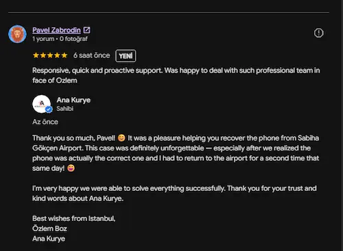 Pavel Zabrodin Google review screenshot for Ana Kurye Sabiha Gokcen lost iPhone recovery