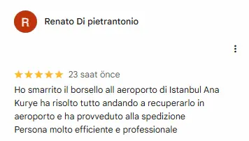 Renato Di Pietrantonio Google review screenshot for Ana Kurye lost bag recovery