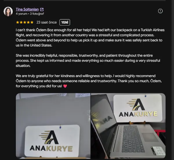 Tina Google review screenshot for Ana Kurye Turkish Airlines lost backpack recovery