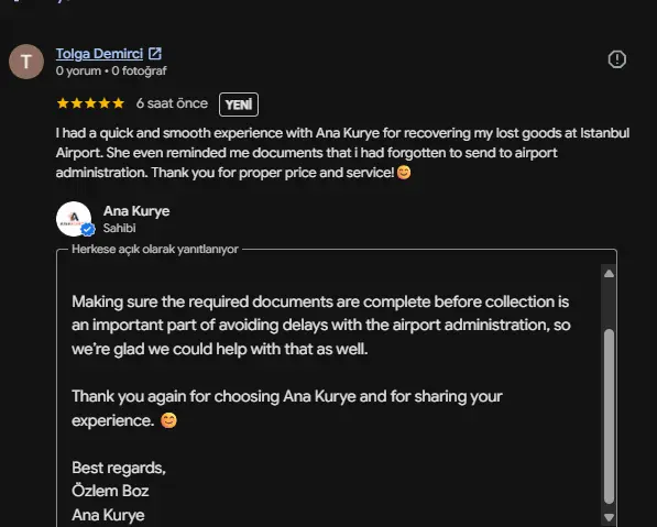 Tolga Demirci Google review screenshot for Ana Kurye Istanbul Airport lost property recovery